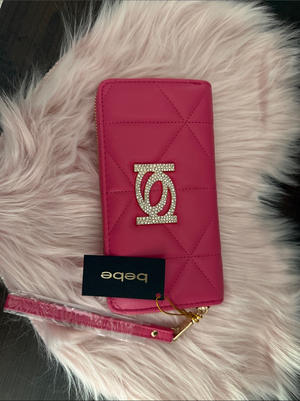 bebe Quilted Hot Pink Wristlet Wallet with Crystal Logo Emblem